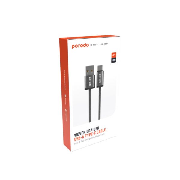 PORODO ALUM. ALLOY BRAIDED CABLE USB TO TYPE C 1.2M BLACK