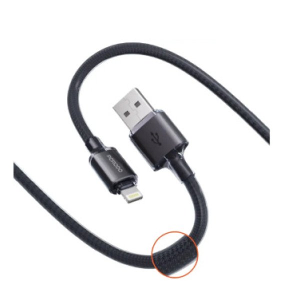 PORODO USB A TO LIGHTNING BRAIDED CABLE BLACK