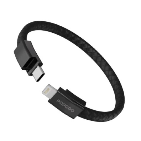 PORODO PU LEATHER USB BRACELET CABLE TYPE C TO LIGHTNING BLACK