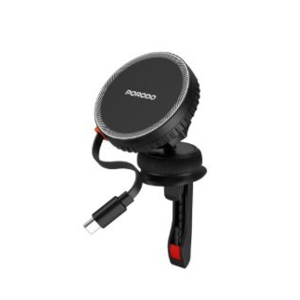 PORODO 15W RETRACTABLE WIRELESS CAR CHARGER WITH USB-C CABLE BLACK