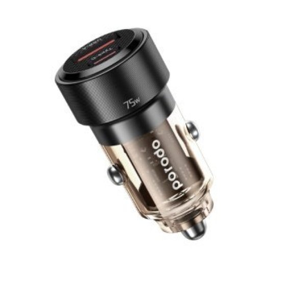 PORODO 75W TRANSPARENT DUAL PORT CAR CHARGER BLACK
