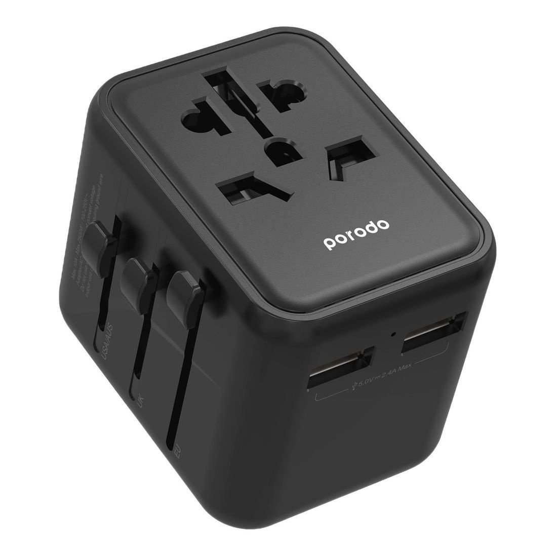 0.9668340020173788388118509-1-1.jpg DUAL USB A UNIVERSAL TRAVEL ADAPTER 2.4A - BLACK - Image 1