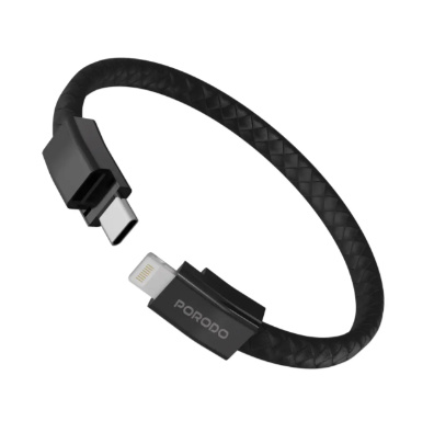 0.44527900 175870878323354.jpg PORODO PU LEATHER USB BRACELET CABLE TYPE C TO LIGHTNING BLACK - Image 1